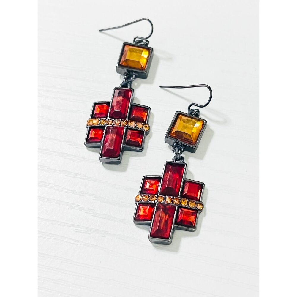 Red & Amber Geometric Dangle Earrings - Gunmetal Tone